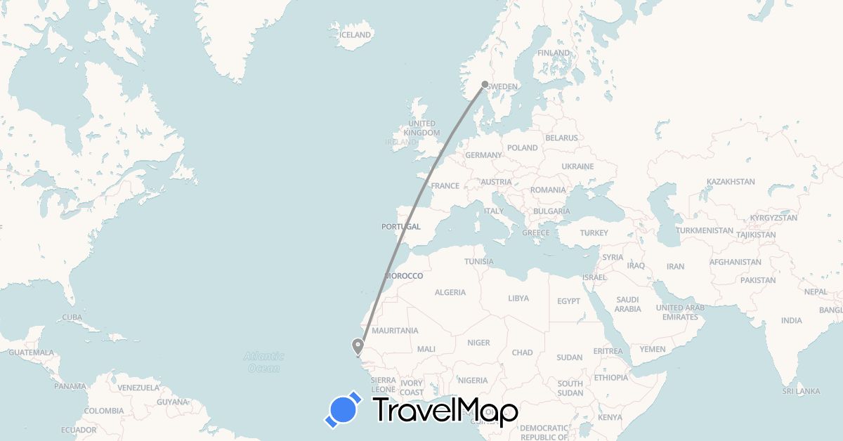 TravelMap itinerary: driving, plane in Norway, Senegal (Africa, Europe)